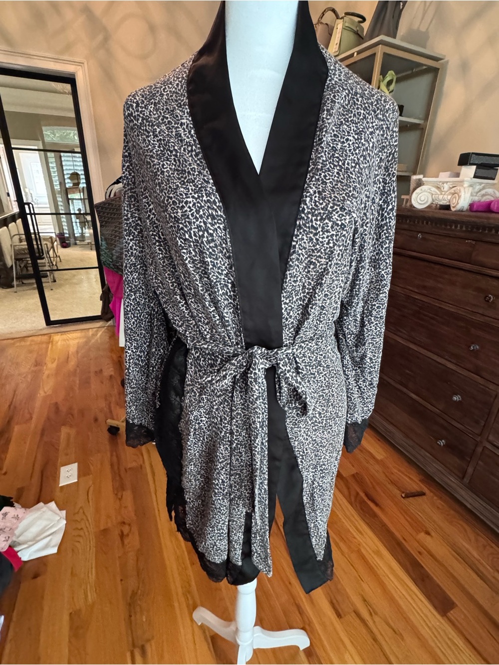 Victoria's Secret Black and White Leopard Satin-Trim Wrap Robe